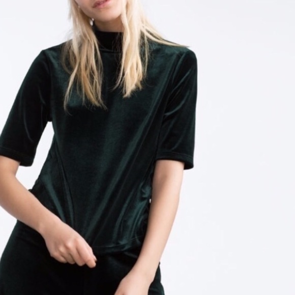 Zara Velvet Mock Neck Shirt, Forest Green, S